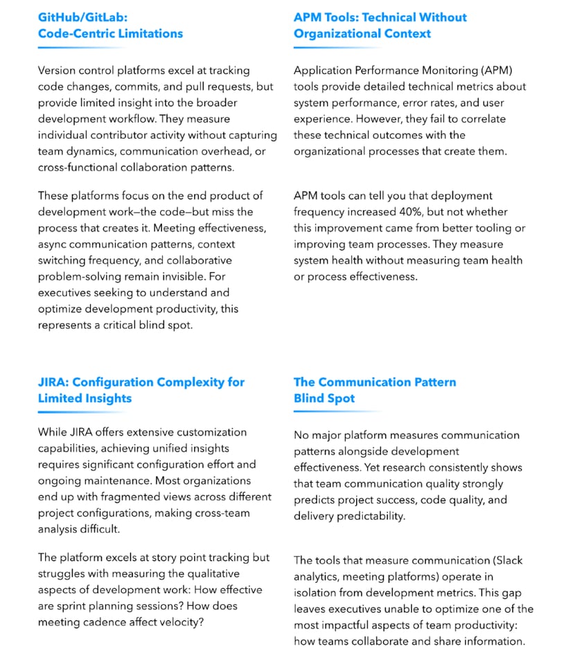 Source: Skan AI Engineering Intelligence Executive Guide, Q3 2025 : GitHub/GitLab, APM tools, JIRA, and communication platforms each capture only a partial view of developer workflows.